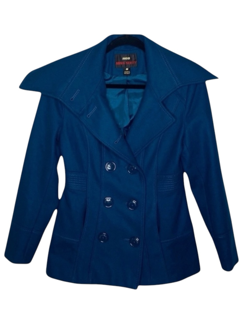 Miss Sixty ☻︎ Wool Double Breasted Pea Coat w/ Stitch Detail ☻︎ Aegean Blue ☻︎ S - Picture 2 of 16